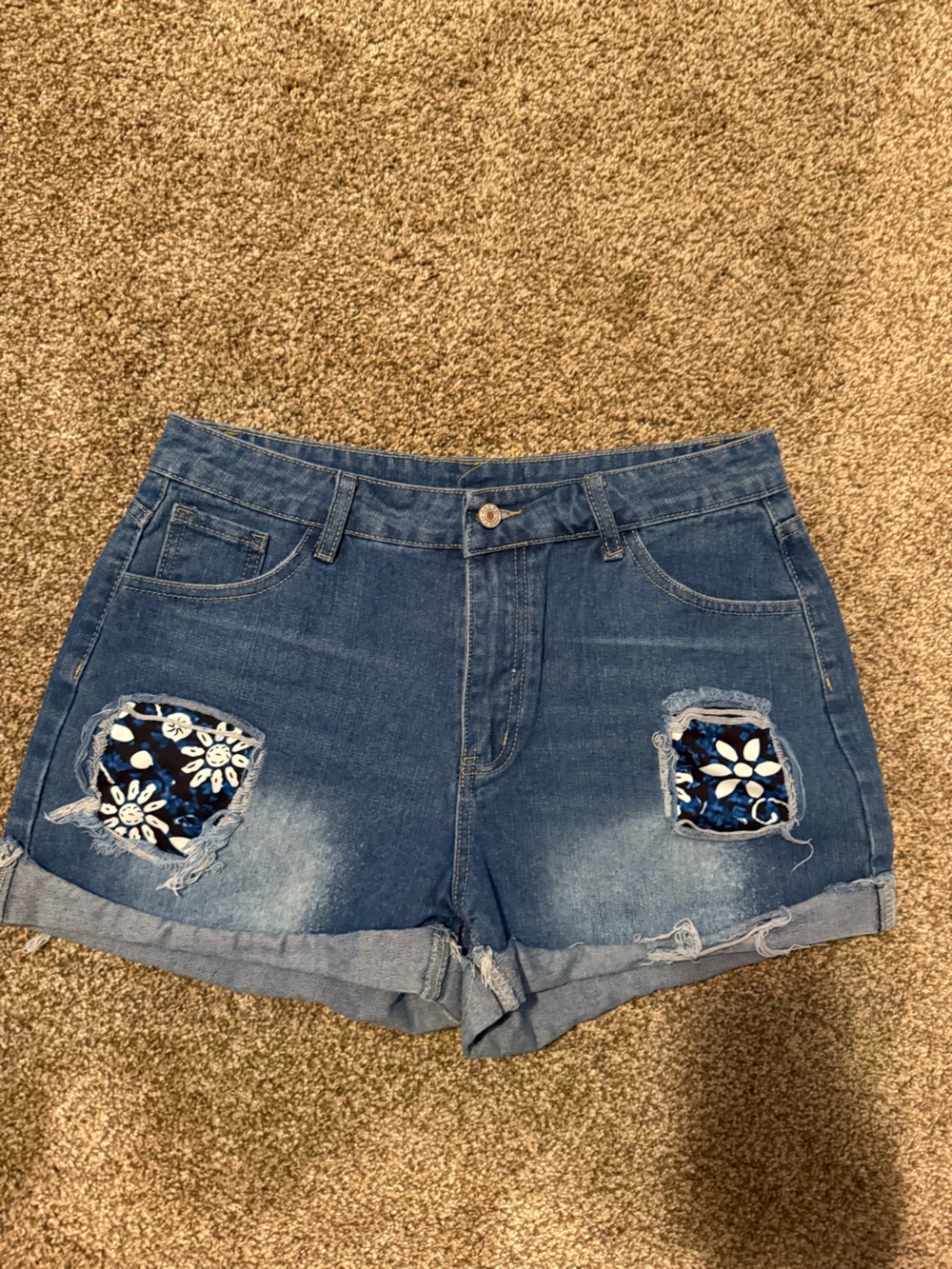 Blue Distressed Women's Denim Shorts with Floral Patchwork